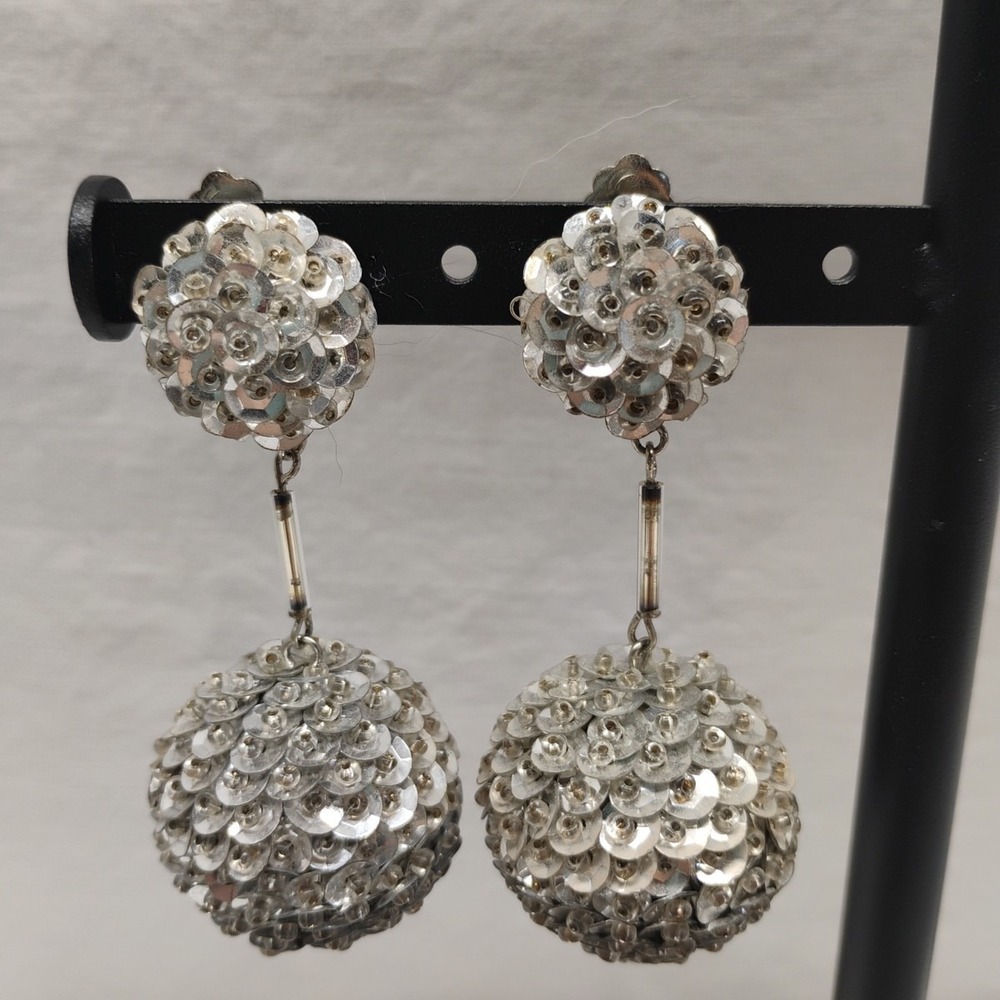 Vintage 1970s Sequin Dangle Clip On Earrings Disco Ball RARE Party Costume